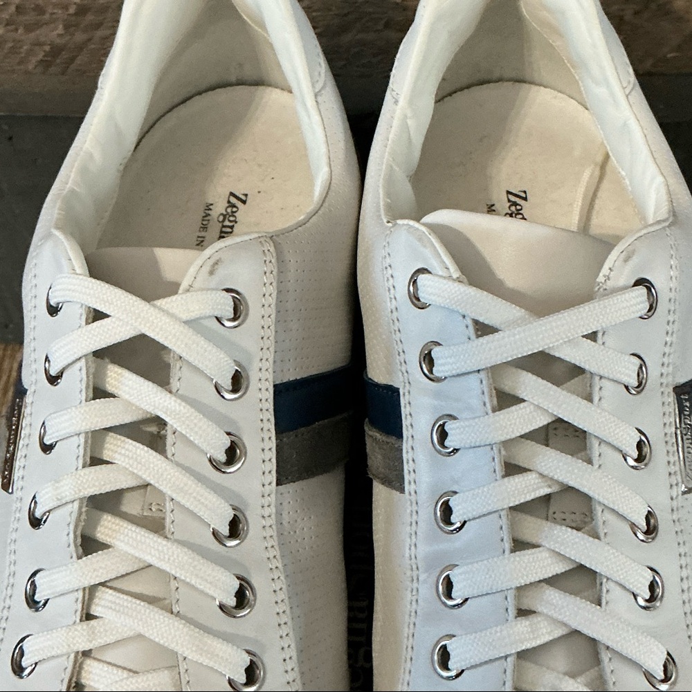 Zegna Sport White Leather Trainers – Blue Stripe – Men’s Size 12 - Picture 7 of 12